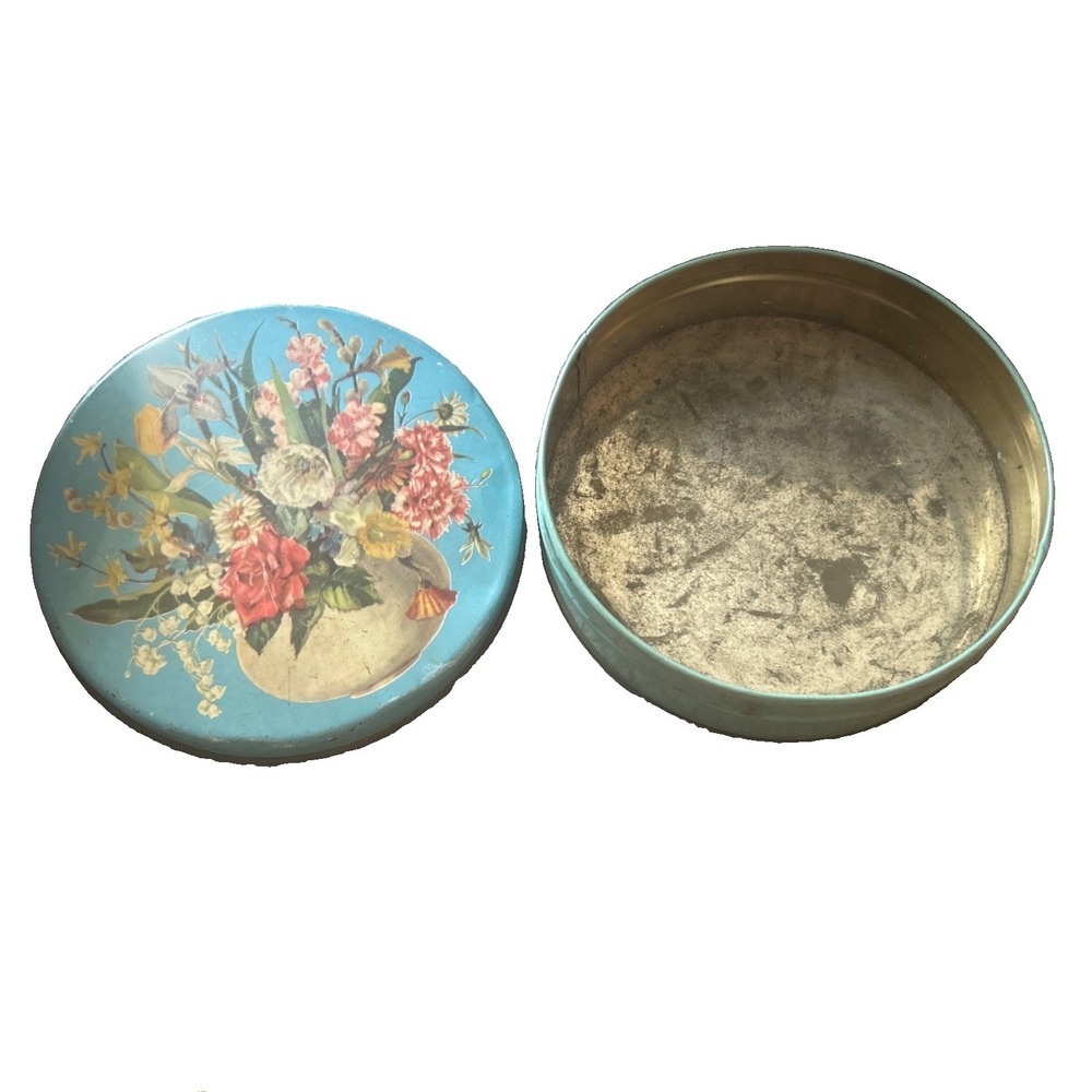 Vintage Round Floral Metal Tin 8 Inch Blue Decorative Storage Sewing Trinket Box